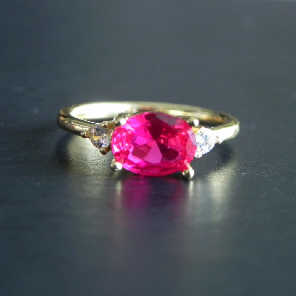 Fuchsia and Clear CZ Stone Ring Oval Cut